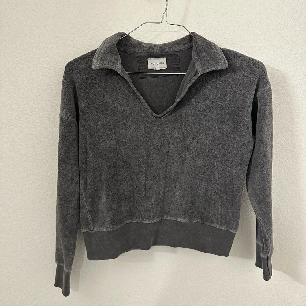 Honorine Hunter Polo Sweatshirt women’s size XS cropped grey Sherpa fleece top - Picture 2 of 6